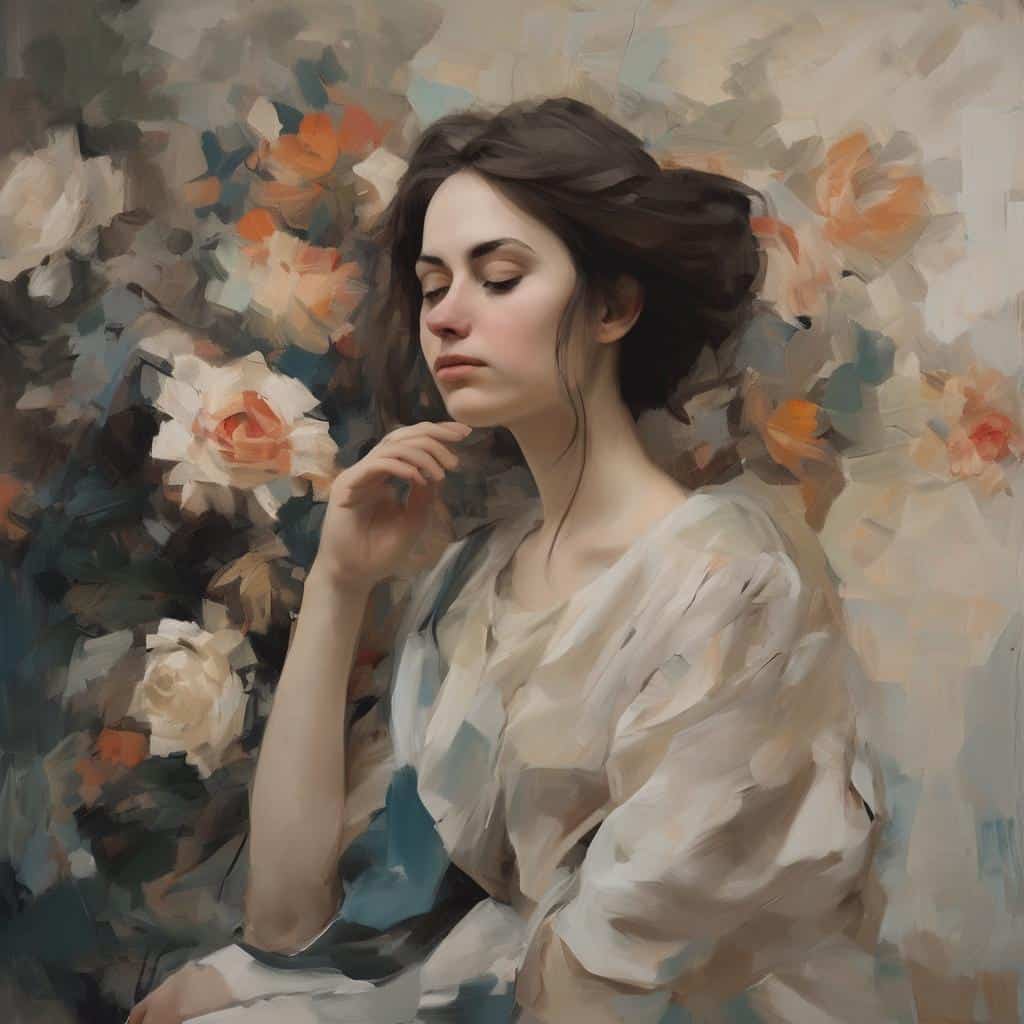 Παρίστασης γυναίκα σε καλλιτεχνικό ζωγραφικό στυλ, εστίαση στην εικαστική μορφή και τις συναισθηματικές εκφράσεις.