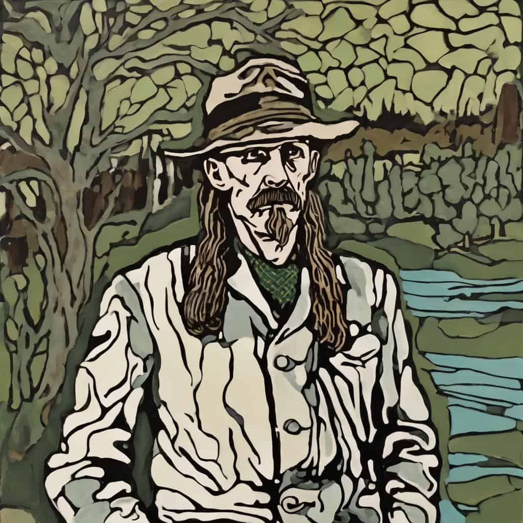 Φωτογραφία με καλλιτεχνικό στυλ, άντρας με καπέλο, πετσέτα και μούσι, σε φυσικό τοπίο με δέντρα και ποτάμι, εικαστική μορφή.