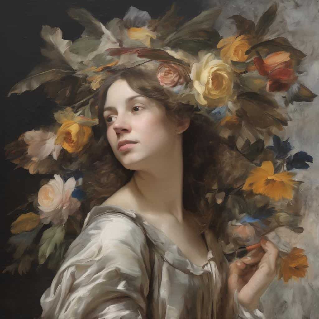 Λουλούδι που περιβάλλει το κεφάλι μιας νεαρής γυναίκας σε ζωγραφικό πορτρέτο, έμπνευση για εικαστική μορφή και τέχνη.