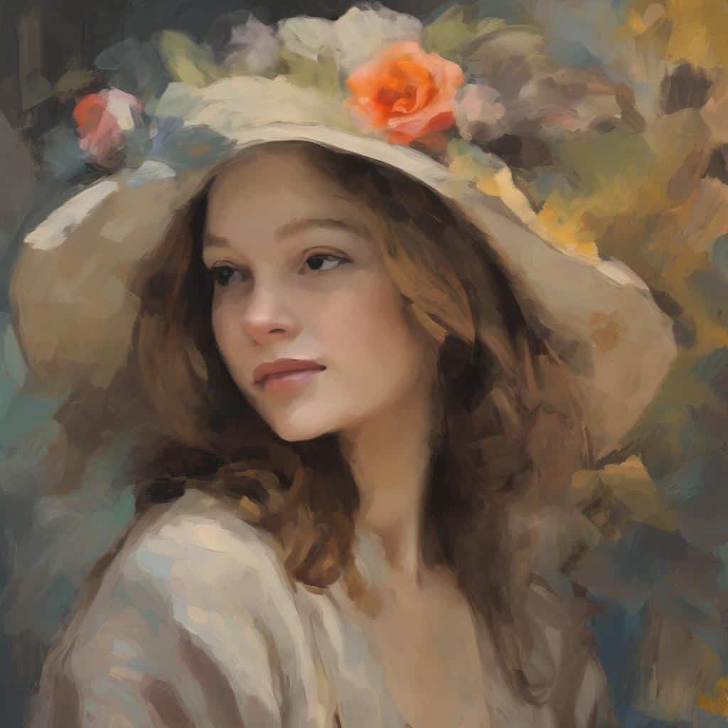 Όμορφη γυναίκα με καπέλο και λουλούδια σε ζωγραφική απεικόνιση.